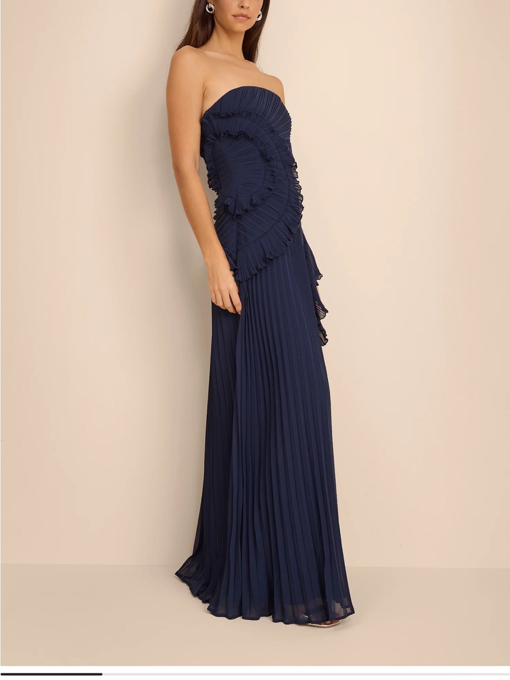 Lulu's Navy Strapless Pleated Ruffle Maxi Dress